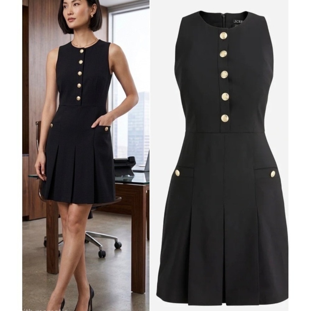 J.Crew Size 6 Italian Bi-Stretch Wool Black Pleated Dress Gold Buttons